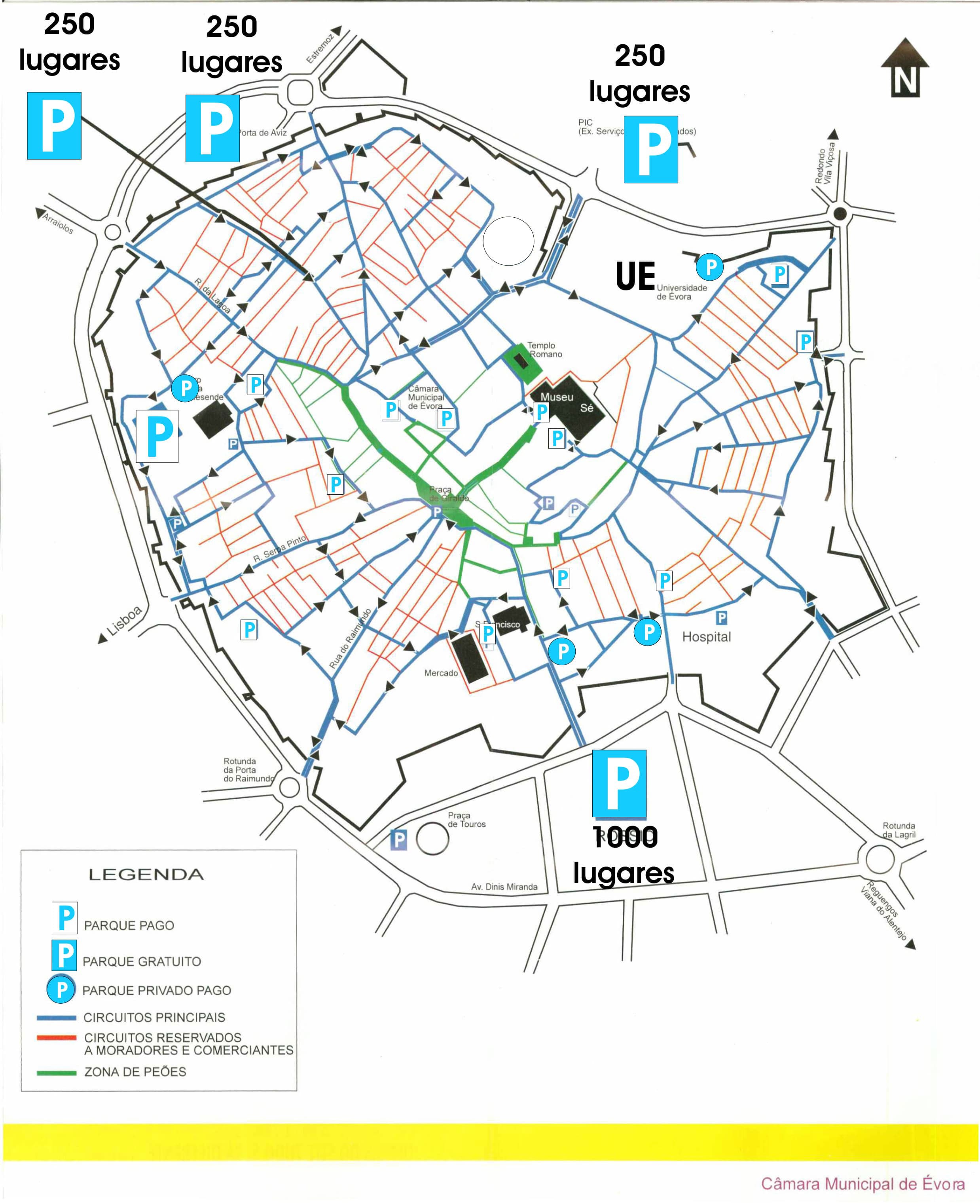 Mapa dos parques de estacionamento disponíveis na cidade de Évora