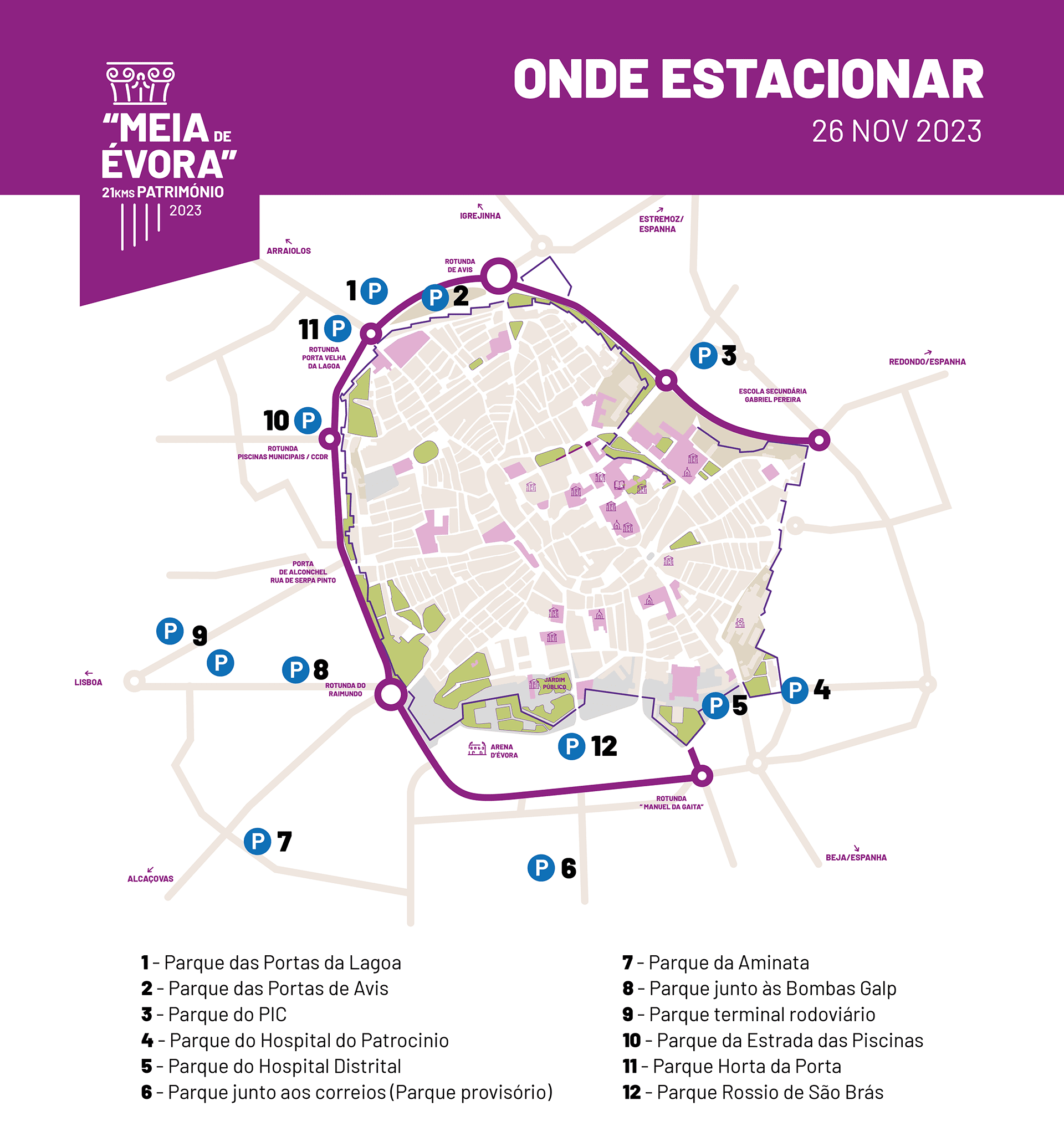 Mapa dos parques de estacionamento disponíveis na cidade de Évora