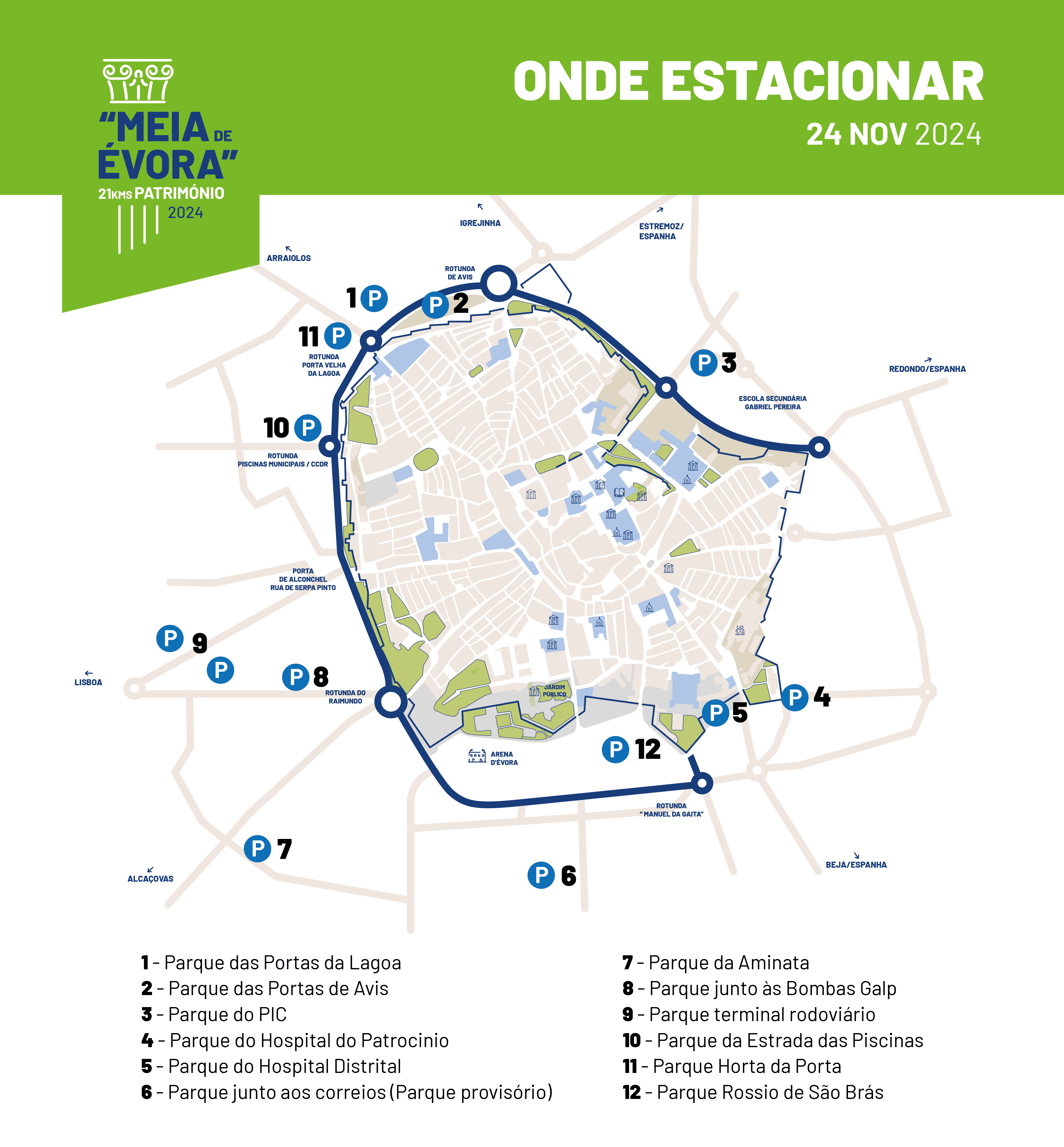 Mapa dos parques de estacionamento disponíveis na cidade de Évora